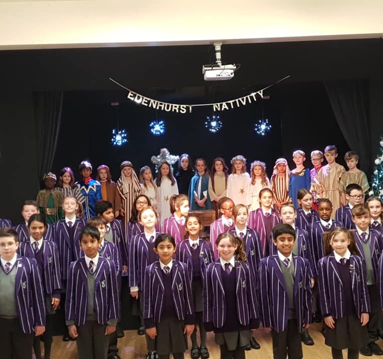 Children in front of stage for school nativity